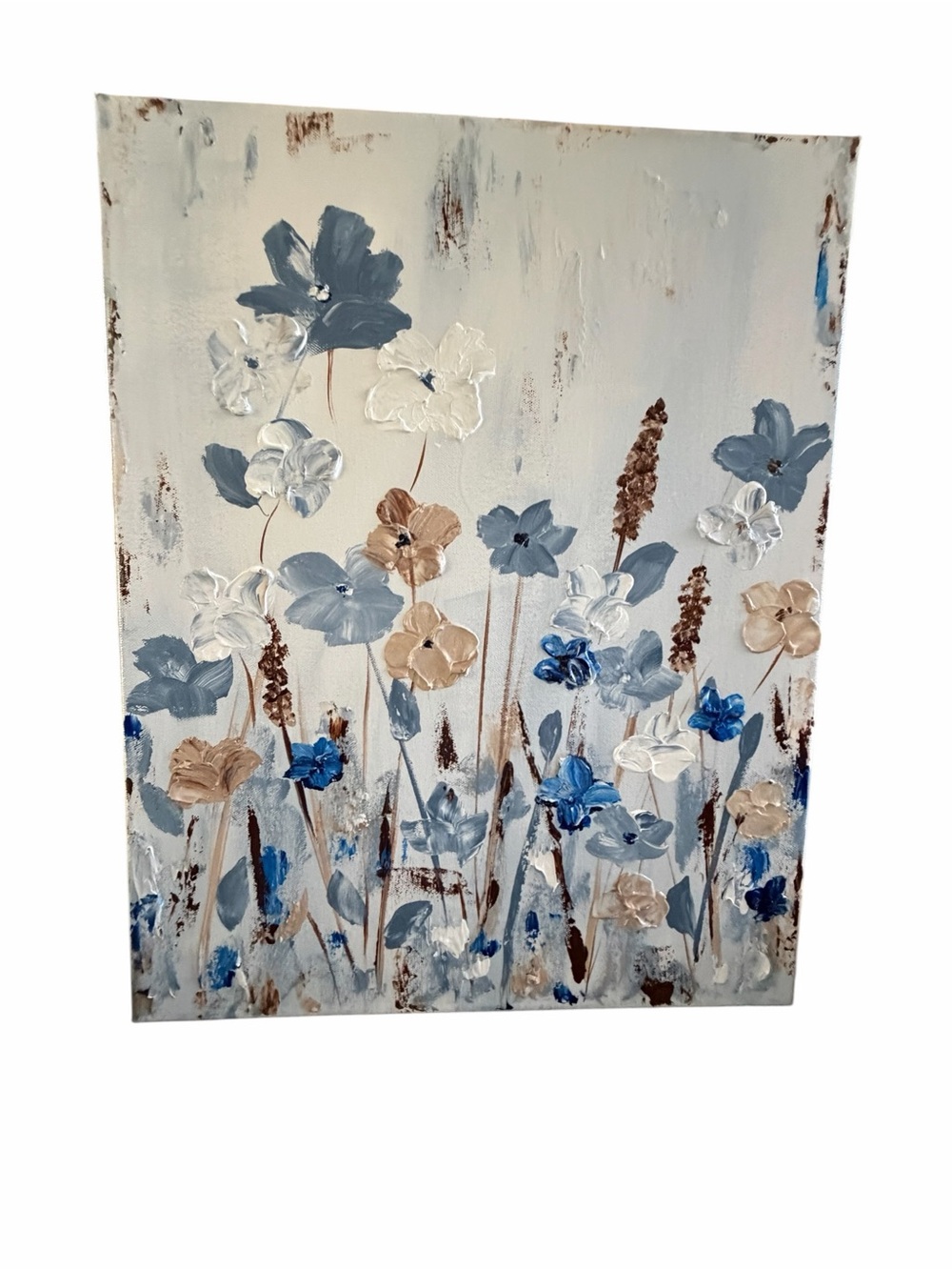 Original Artwork Acrylic on Canvas Blue and Brown Floral Textured Painting 16x20